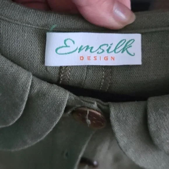 Emsilk Design Hand Embroidered Linen Dress: Olive Green Floral Tea Dress - Picture 6 of 8